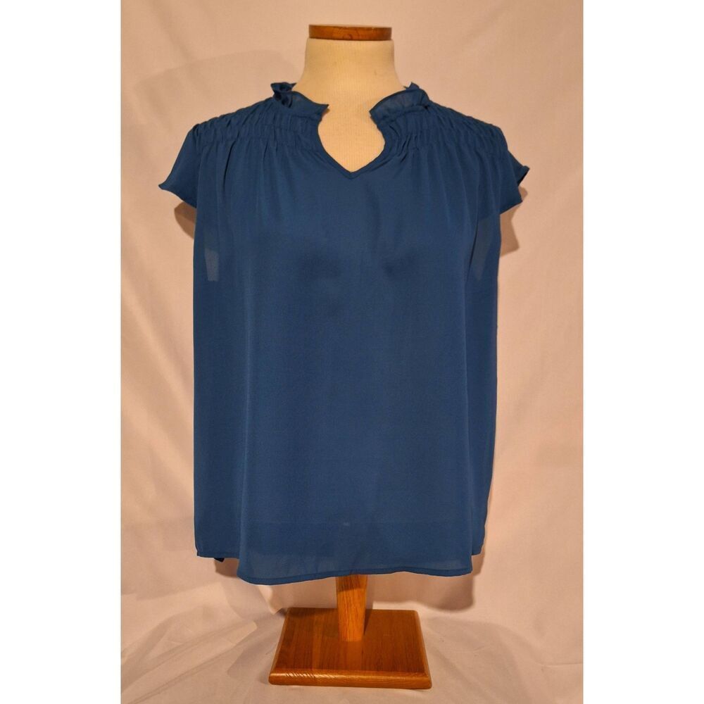 Papermoon Adalia Smocked Detail Blouse Blue Cap Sleeve Split Neck Top Size M NEW